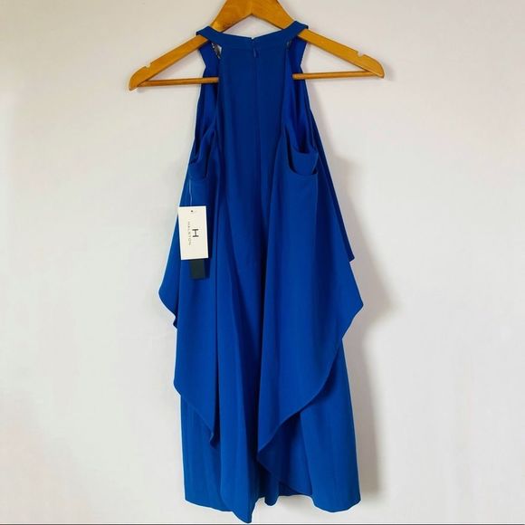 NWT HALSTON Royal Blue Beaded Collared Cold Shoulder Sleeve Draped Mini Dress - Picture 6 of 13